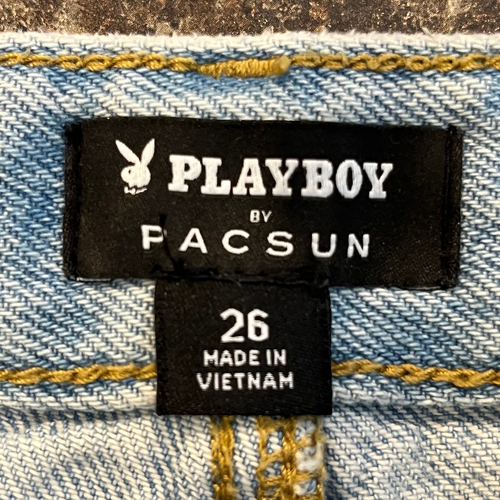 Playboy by PacSun Light Wash Embroidered Denim Shorts 26 High Rise Frayed Hem - Picture 6 of 9